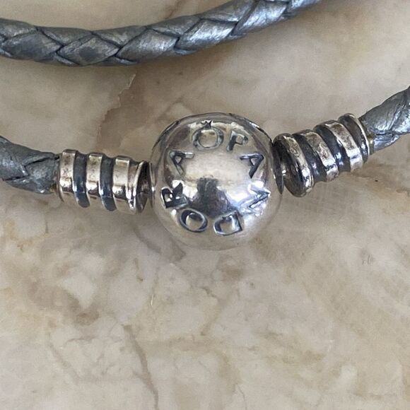 Pandora Moments Double Grey Leather Bracelet 925 Sterling Silver Round Clasp - Picture 4 of 6